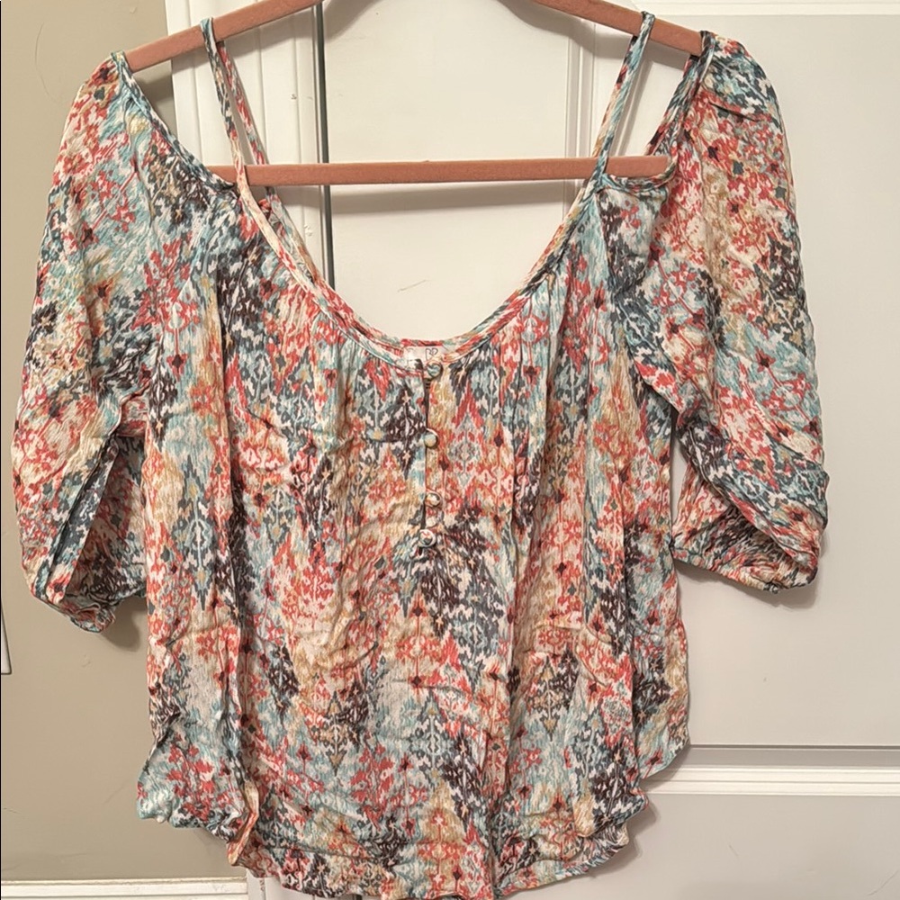 BP Pink and Green Puff Sleeve Ruched Blouse